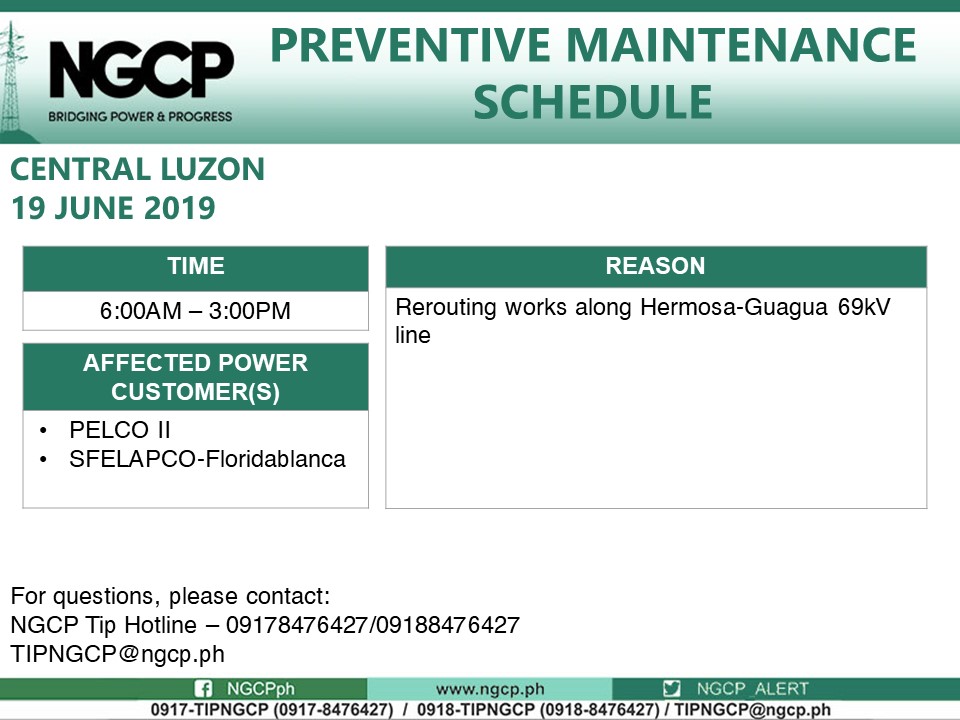 Preventive Maintenance Schedule: PELCO II, SFELAPCO-Floridablanca (19 June 2019)